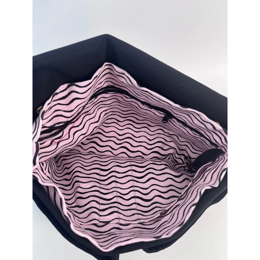 Black Canvas Messenger Bag with Leather Trim and Pink Wave Lining Satchel